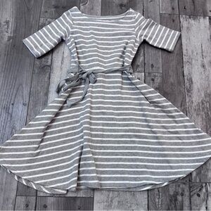 Hope & Henry Gray White Striped Skater A-Line Long sleeve Dress Tie Waist Small